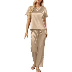 طقم بيجامة من الساتان من NORACORA بأكمام قصيرة حريرية ناعمة للنساء بنطال ذو قصة أرجل واسعة أطقم صالة Macthing ملابس نوم in Kuwait