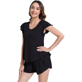 NACHILA Women's Pajamas Set-Viscose Made from Bamboo, Short Sleeve Sleepwear Soft Ribbed Pajama Shorts Set Cool Crew Neck Pjs