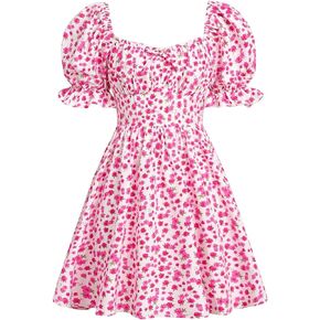 Floerns Girl's Boho Puff Short Sleeve Square Neck Floral Print A Line Dress