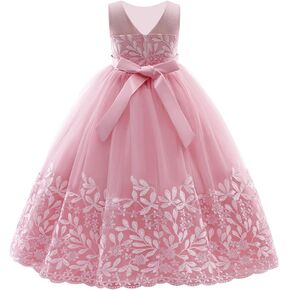 Flower Girl Lace Dress for Kids Wedding Bridesmaid Pageant Party Formal Gown Princess Communion Tulle V-Back Dresses