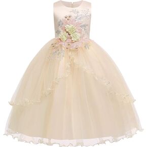 Flower Girl Lace Dress for Kids Wedding Bridesmaid Pageant Party Formal Gown Princess Communion Tulle V-Back Dresses
