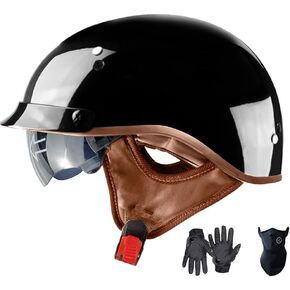 Motorcycle Half Helmet with Retractable Inner Sun Shade Quick Release Buckle DOT Approved Half Face Cycling Helmets for Men Women Adult