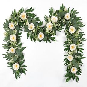 Artificial Eucalyptus Garland 2Pcs 6.5Ft Fake Silver Dollar Eucalyptus Garland Flowers Garland Eucalyptus Vines Hanging Greenery Garland with White Rose Flowers for Wedding Decor