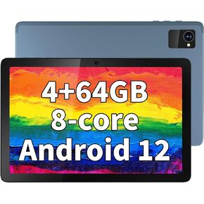 جهاز لوحي Android مقاس 10 بوصة، جهاز لوحي Android 12 ثماني النواة مع بطارية 7000 مللي أمبير (بحد أقصى 14 ساعة)، أقراص ألعاب 4 جيجابايت + 64 جيجابايت، تابلت بشاشة كبيرة 10.1 بوصة عالي الدقة مدمج بكاميرا 5+8 ميجابكسل/WiFi/GPS/BT