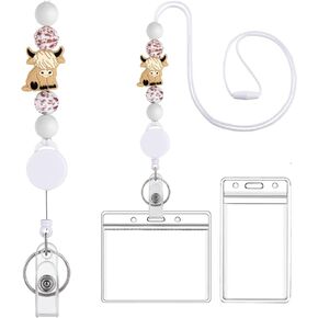 Teacher Lanyard Retractable Lanyards for ID Badges and Keys, Cute Beaded Breakaway Lanyard with ID Holder Cute Badge Lanyard for Teacher Nurse Gifts for Women(Pink Panda)