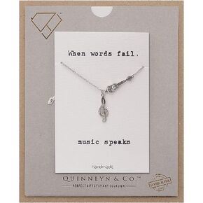 QUINNLYN & CO. Treble Note and Guitar Pendant Musical Note Necklace, Gifts for Music Teacher with Inspirational Music Quote on Greeting Card, Adjustable 16" to 18" in Silver Tone