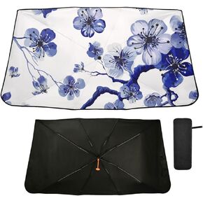 Cherry Black Windshield Sun Shade Umbrella Watercolor Fruit Leaves Foldable Car Front Window Sunshade Blocks UV Rays Heat Keep Vehicle Cool (55" x 27.5")