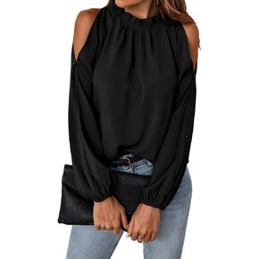 SweatyRocks Women's Casual Long Lantern Sleeve Cold Shoulder Top Cut Out Ruffle Trim Blouse