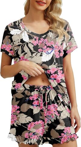 PrinStory Womens Pajamas Set Lounge Sets Short Sleeve Sleepwear Soft Pjs Shorts Set with Pockets in Kuwait