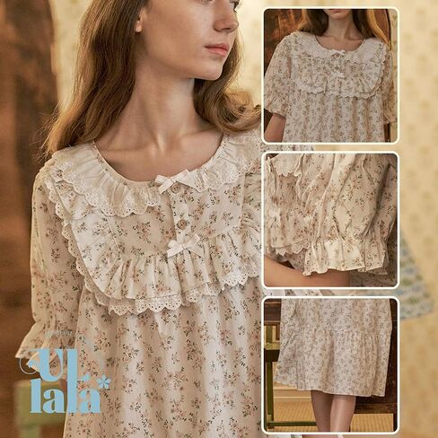 ULLALA Pajamas for Women Vintage Short sleeved 40'S Cotton Lili One-Piece Cream Soft Sleepwear 1Piece one Size in Kuwait