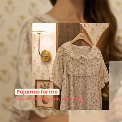 ULLALA Pajamas for Women Vintage Short sleeved 40'S Cotton Lili One-Piece Cream Soft Sleepwear 1Piece one Size in Kuwait