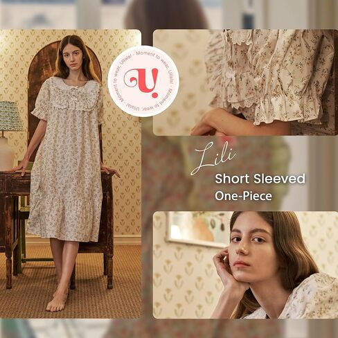 ULLALA Pajamas for Women Vintage Short sleeved 40'S Cotton Lili One-Piece Cream Soft Sleepwear 1Piece one Size in Kuwait