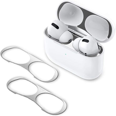 Spigen Shine Shield مصمم لجهاز Airpods Pro الجيل الثاني (2022) وAirpods Pro (2019) ملصق مضاد للغبار [مجموعتان] - فضي معدني in Saudi Arabia