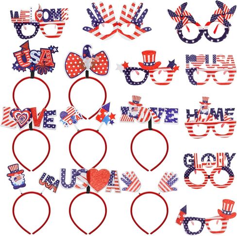 WUWEOT 16 حزمة من ملحقات الرابع من يوليو، نظارات الحفلات الوطنية عصابات رأس العلم الأمريكي، هدايا دعائم الصور للاحتفال بالرابع من يوليو، يوم الاستقلال، يوم الذكرى، العرض الوطني in Kuwait