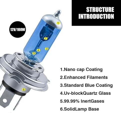 2 PCS Car Halogen Light, H4 Low Beam Light Bulb, 12V 100W High Beam, Ultra White Light Front Fog Lamp, Plug-and-Play, Universal for Most Cars (White Light) in Kuwait