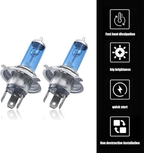 2 PCS Car Halogen Light, H4 Low Beam Light Bulb, 12V 100W High Beam, Ultra White Light Front Fog Lamp, Plug-and-Play, Universal for Most Cars (White Light) in Kuwait