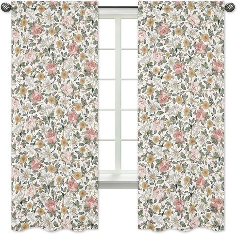 Sweet Jojo Designs Vintage Floral Boho Window Treatment Panels Curtains - Set of 2 - Blush Pink, Yellow, Green and White Shabby Chic Rose Flower Farmhouse in Saudi Arabia