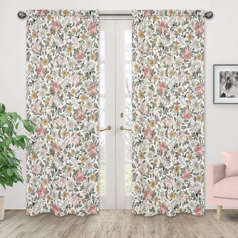 Sweet Jojo Designs Vintage Floral Boho Window Treatment Panels Curtains - Set of 2 - Blush Pink, Yellow, Green and White Shabby Chic Rose Flower Farmhouse in Saudi Arabia
