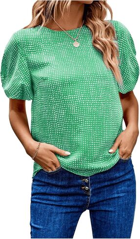SOLY HUX Women's Allover Print Puff Short Sleeve Round Neck Casual Blouse Tops in Saudi Arabia