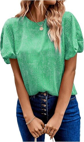 SOLY HUX Women's Allover Print Puff Short Sleeve Round Neck Casual Blouse Tops in Saudi Arabia