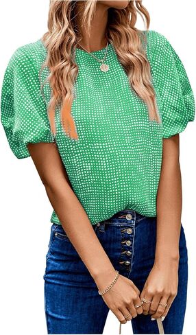 SOLY HUX Women's Allover Print Puff Short Sleeve Round Neck Casual Blouse Tops in Saudi Arabia