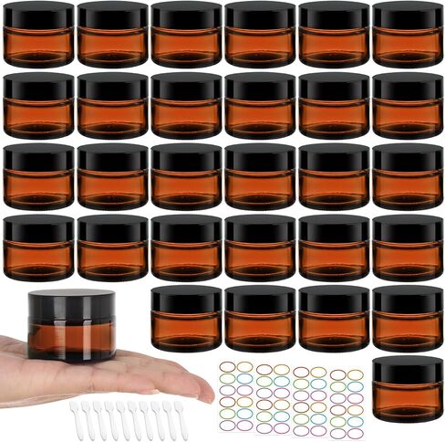 EkkoVla 30 Pack 1 oz Round Amber Glass Cosmetic Jars with Inner Liners and Black Lids, 30ml Small Travel Jars, Empty Refillable Containers for Sample, Powder, Lotion, Body Butter, Creams in Saudi Arabia
