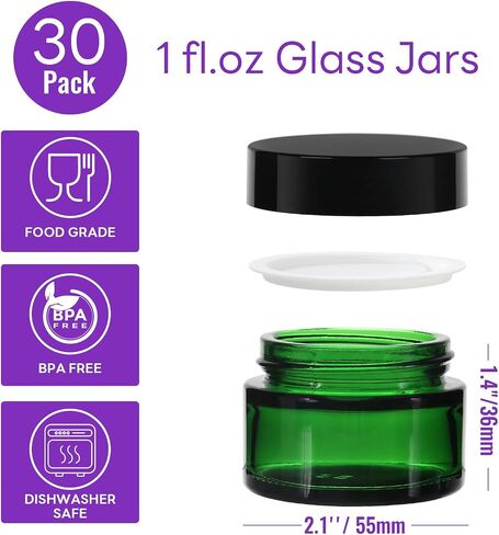 EkkoVla 30 Pack 1 oz Round Amber Glass Cosmetic Jars with Inner Liners and Black Lids, 30ml Small Travel Jars, Empty Refillable Containers for Sample, Powder, Lotion, Body Butter, Creams in Saudi Arabia