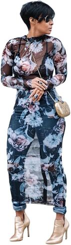 Recious Womens Sexy Long Sleeve Turtleneck Floral Printed See-Through Bodycon Party Clubwear Dress in Saudi Arabia
