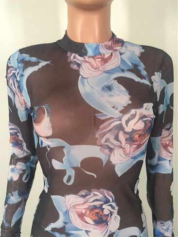 Recious Womens Sexy Long Sleeve Turtleneck Floral Printed See-Through Bodycon Party Clubwear Dress in Saudi Arabia