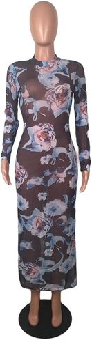 Recious Womens Sexy Long Sleeve Turtleneck Floral Printed See-Through Bodycon Party Clubwear Dress in Saudi Arabia