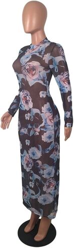 Recious Womens Sexy Long Sleeve Turtleneck Floral Printed See-Through Bodycon Party Clubwear Dress in Saudi Arabia