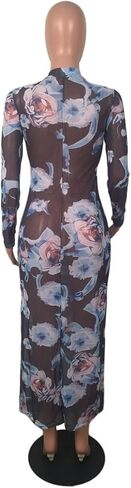 Recious Womens Sexy Long Sleeve Turtleneck Floral Printed See-Through Bodycon Party Clubwear Dress in Saudi Arabia