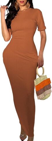 ZERMOM Women Ribbed Bodycon Maxi Dress Short Sleeve Crew Neck Fitted Casual Long Dresses in Saudi Arabia