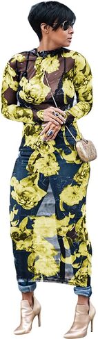 Recious Womens Sexy Long Sleeve Turtleneck Floral Printed See-Through Bodycon Party Clubwear Dress in Saudi Arabia