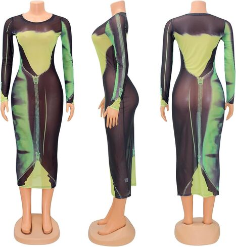 فستان نسائي مثير بياقة مدورة وأكمام طويلة مطبوع عليه زهور شفاف من خلال فستان Bodycon للحفلات in Kuwait