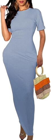 فستان ZERMOM نسائي طويل مضلع ضيق وأكمام قصيرة ورقبة دائرية، فساتين طويلة كاجوال in Kuwait