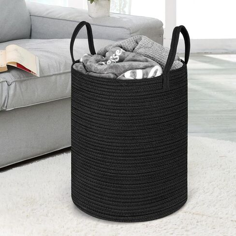 Black Woven Cotton Rope Baby Laundry Basket Hamper, Tall Modern laundry Hamper Bin Storage for Kids Boys Mens Living Room Bedroom Woven Rope baskets for Clothes Blanket Pillow Towels Toys Large 58L in Saudi Arabia