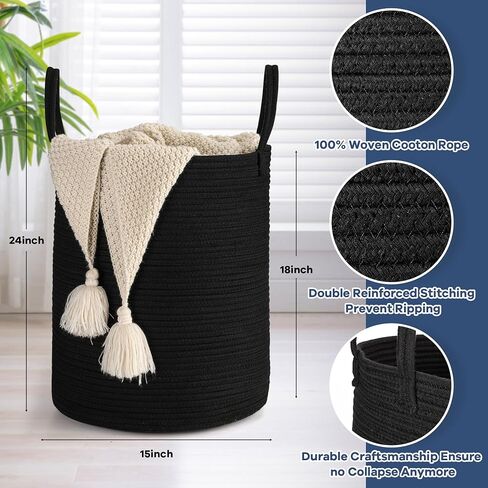 Black Woven Cotton Rope Baby Laundry Basket Hamper, Tall Modern laundry Hamper Bin Storage for Kids Boys Mens Living Room Bedroom Woven Rope baskets for Clothes Blanket Pillow Towels Toys Large 58L in Saudi Arabia