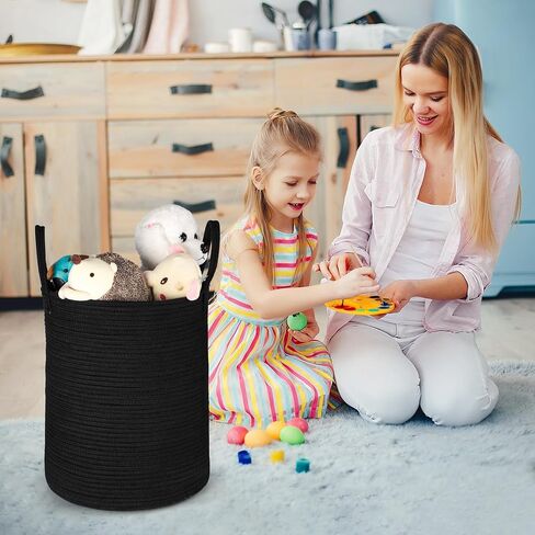 Black Woven Cotton Rope Baby Laundry Basket Hamper, Tall Modern laundry Hamper Bin Storage for Kids Boys Mens Living Room Bedroom Woven Rope baskets for Clothes Blanket Pillow Towels Toys Large 58L in Saudi Arabia