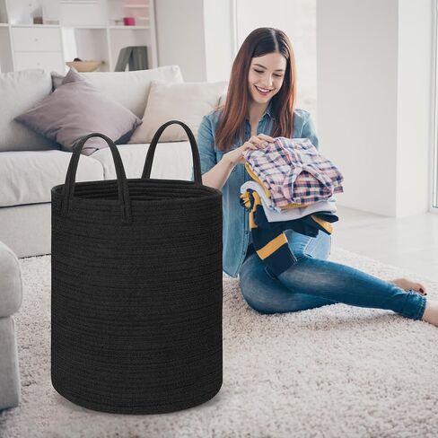 Black Woven Cotton Rope Baby Laundry Basket Hamper, Tall Modern laundry Hamper Bin Storage for Kids Boys Mens Living Room Bedroom Woven Rope baskets for Clothes Blanket Pillow Towels Toys Large 58L in Saudi Arabia