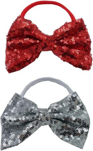 ربطة شعر على شكل فيونكة حمراء للفتيات الصغيرات، إكسسوارات رباط شعر مرن لامع من الترتر للأطفال حديثي الولادة (أحمر، فضي) in Kuwait