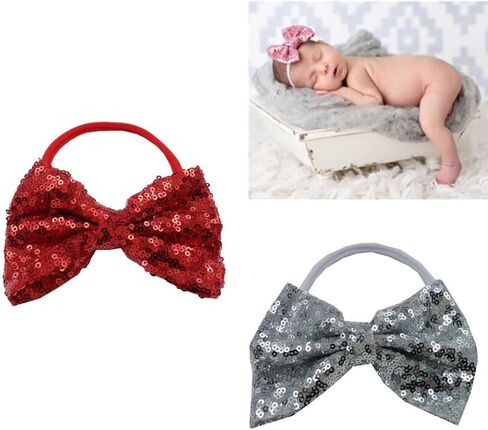 ربطة شعر على شكل فيونكة حمراء للفتيات الصغيرات، إكسسوارات رباط شعر مرن لامع من الترتر للأطفال حديثي الولادة (أحمر، فضي) in Kuwait