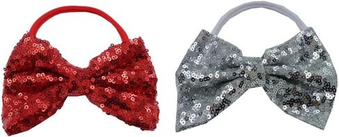 ربطة شعر على شكل فيونكة حمراء للفتيات الصغيرات، إكسسوارات رباط شعر مرن لامع من الترتر للأطفال حديثي الولادة (أحمر، فضي) in Kuwait