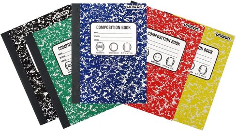 Bundle of 5 Wide Ruled Marbled Composition Notebooks; 1 of Each Color ;Red, Blue, Green, Yellow and Black in Saudi Arabia