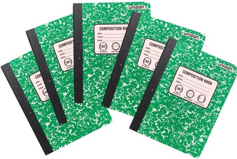 Bundle of 5 Wide Ruled Marbled Composition Notebooks; 1 of Each Color ;Red, Blue, Green, Yellow and Black in Saudi Arabia