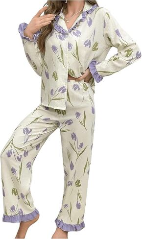Verdusa Women's 2 Piece Pajama Sets Ruffle Trim Long Sleeve Button Up Shirt with Pants in Saudi Arabia