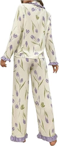 Verdusa Women's 2 Piece Pajama Sets Ruffle Trim Long Sleeve Button Up Shirt with Pants in Saudi Arabia