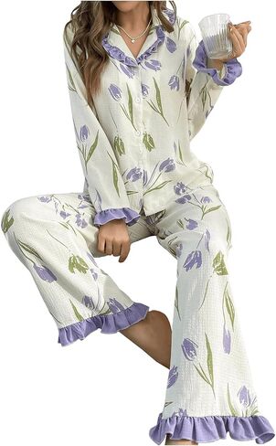 Verdusa Women's 2 Piece Pajama Sets Ruffle Trim Long Sleeve Button Up Shirt with Pants in Saudi Arabia
