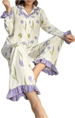 Verdusa Women's 2 Piece Pajama Sets Ruffle Trim Long Sleeve Button Up Shirt with Pants in Saudi Arabia