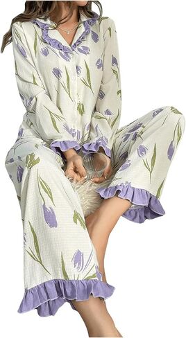 Verdusa Women's 2 Piece Pajama Sets Ruffle Trim Long Sleeve Button Up Shirt with Pants in Saudi Arabia